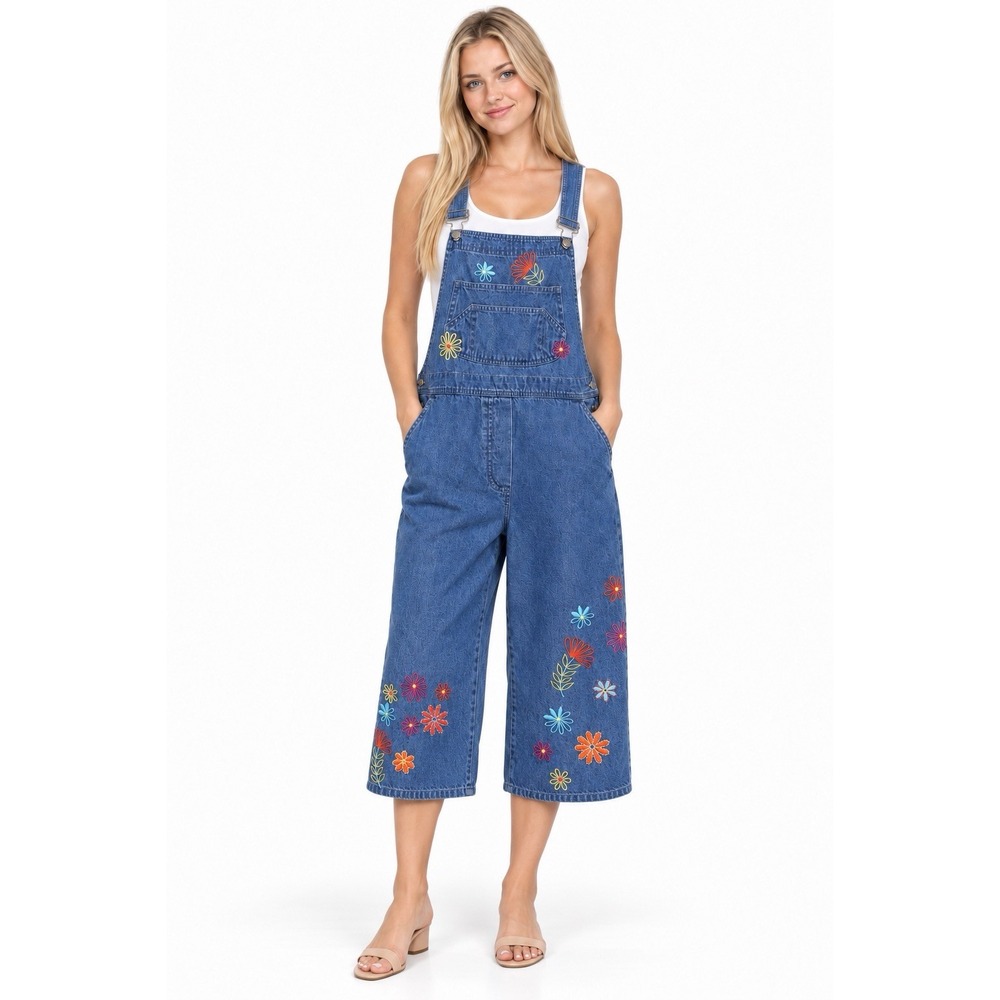 Vtg Agapo Embroidered Floral Garden Denim Capri Overalls M Cottagecore Y2K 90s
